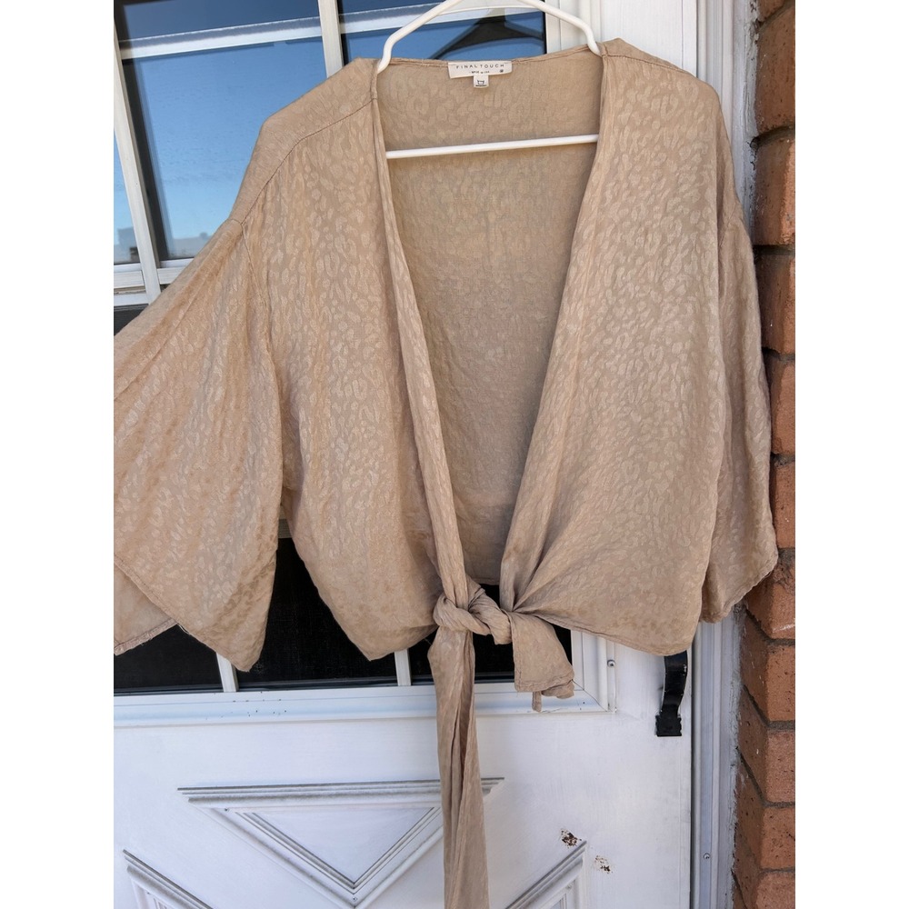 Final Touch Tan Leopard Jacquard Kimono Wrap Tie Top Made in USA Medium Boho